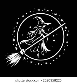 graphic  silhouette of a witch logo with a white black broom on Halloween day