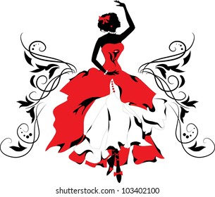 Graphic silhouette of a woman.  Ballerina with floral ornament.