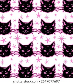 Graphic silhouettes of cat faces on a white background. Seamless pattern