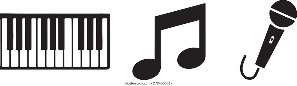 Graphic silhouettes of musical instruments audio symbols notes and vocal equipment.