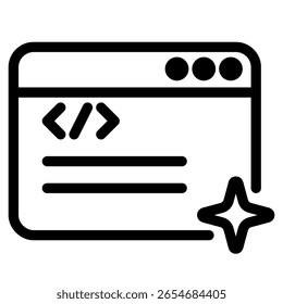 Graphic of a simple black and white coding window with code symbols, progress bars, and star icon implying a successful digital development process, great for tech or startup themed marketing.