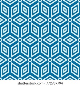 Graphic simple ornamental tile, vector repeated pattern made using cubes and hexagons. Vintage art abstract seamless texture can be used as wallpaper and in textile design.