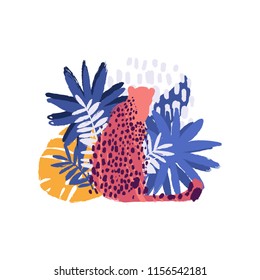 Graphic sitting cheetah surrounded by exotic plants. Vector african art drawn with rough brush in vibrant colors
