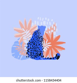 Graphic sitting cheetah surrounded by exotic plants. Vector african art drawn with rough brush in vibrant colors