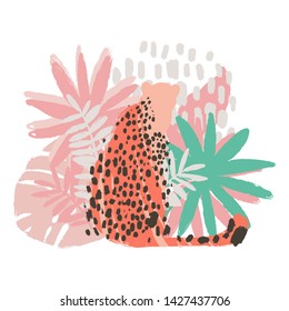 Graphic sitting cheetah surrounded by exotic plants. Vector african art drawn with rough brush in gentle colors
