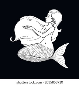 Graphic sitting mermaid. Side view. Vector illustration isolated on white background.