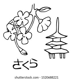 Graphic sketch with blooming sakura and temple. Translation of the hieroglyph "Sakura"
