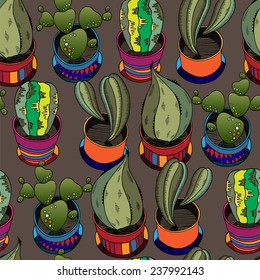 Graphic sketch of cactuses - vector seamless pattern