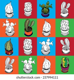 Graphic sketch of cactuses - vector seamless pattern