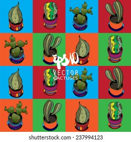 Graphic sketch of cactuses - vector seamless pattern