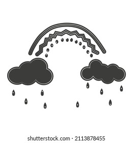 Graphic sketch clouds, rainbow and rain. Artistic decorative image of weather. Vector drawing in black on white background.