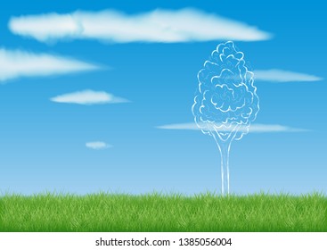 graphic sketch of a deciduous tree drawn on the background of a realistic field of grass, blue sky and white clouds