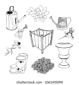 Graphic sketch with different garden objects and flowers. Vector illustration set. Pots, watering can, gloves, vase, echinacea, ajuga, iris, hosta, rubber boots