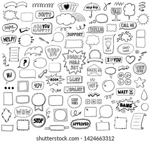 Graphic sketch elements set - doodle graphic line signs and symbols, speech bubbles, frames, phrases, etc. Hand drawn vector illustration