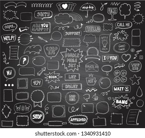 Graphic sketch elements set on a chalkboard - doodle graphic line signs and symbols, speech bubbles, frames, phrases, etc. Hand drawn vector illustration