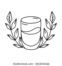 Graphic sketch emblem for natural farm dairy products. Glass of vegetable milk with springs of rice, oat or wheat. Doodle isolated vector illustration, white background. Black contour clipart for card
