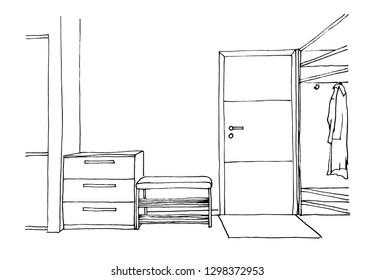 The graphic sketch hall in the house. Entrance door.