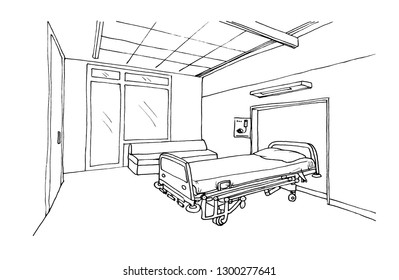 Graphic Sketch Hospital Ward, Clinic Room Interior. Empty Room Without A Patient.