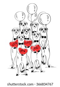 Graphic sketch illustration with funny smiling group of meerkats. Cute meerkats holding air balloons and hearts with text will you marry me. Greeting Love or wedding card. 