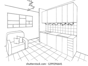 Graphic sketch,  kitchen room