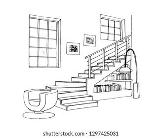 The graphic sketch living room in the house. Stairs to the second floor.