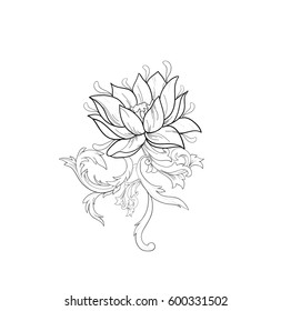 Graphic sketch of lotuses in ornament on white background.