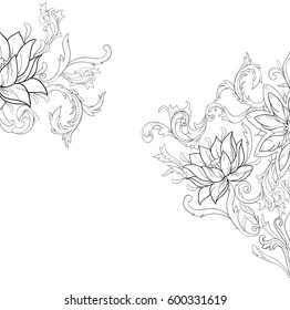 Graphic sketch of lotuses in ornament on white background.