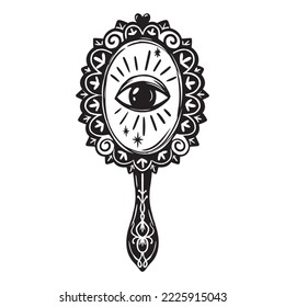 Graphic sketch of magical mystery vintage mirror with magic eye. Esoteric ink element for tarot card, design, printing and decor