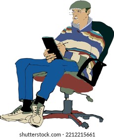 a graphic sketch of a man in glasses, a cap, blue jeans, white sneakers, a warm colored striped sweater with a high collar.He sits in an office chair on wheels and draws on a tablet.