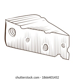 Graphic sketch piece of cheese. Vector realistic outline dairy product. Used for logo design, recipe book, advertising cheese or restaurant menu.