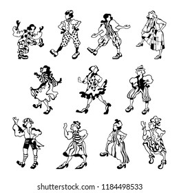 Graphic sketch of styled figures of happy people in folk costumes on a white background. Vector illustration.
