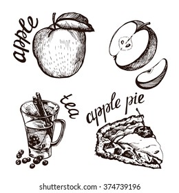 Graphic sketches Apple Collection. Manual schedule. Vector illustration.  Illustration for greeting cards, invitations, and other printing projects.