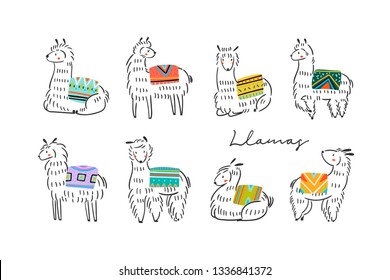 Dibujo gráfico de llamas en diferentes poses con alfombras coloridas en la parte posterior. Ilustración vectorial de moda dibujada a mano. Todos los elementos están aislados