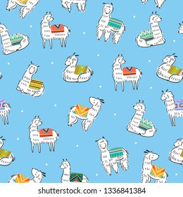 Graphic sketchy llamas in various poses with colorful carpets on back. Hand drawn trendy vector seamless pattern. Blue background