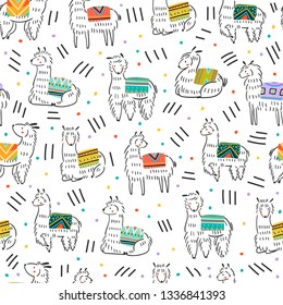 Graphic sketchy llamas in various poses with colorful carpets on back. Lines and dots. Hand drawn trendy vector seamless pattern