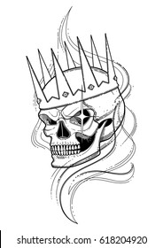 Graphic skull with fearful smile in the crown surrounded by smoke. Vector tattoo art. Coloring book page design for adults
