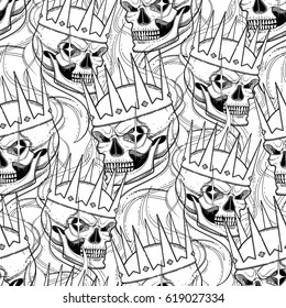 Graphic skull with fearful smile in the crown surrounded by smoke. Vector seamless pattern. Coloring book page design for adults