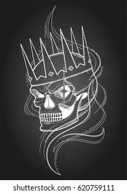 Graphic skull with fearful smile in the crown surrounded by smoke. Vector art isolated on the chalkboard
