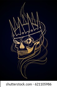 Graphic skull with fearful smile in the crown surrounded by smoke. Vector art in golden colors