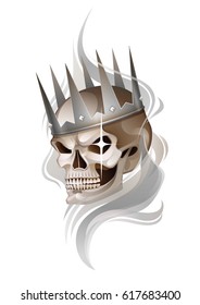 Graphic skull with fearful smile in the silver crown surrounded by gray smoke. Vector tattoo art isolated on white background