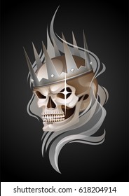 Graphic skull with fearful smile in the silver crown surrounded by gray smoke. Vector tattoo art isolated on black background