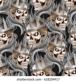 Graphic skull with fearful smile in the silver crown surrounded by gray smoke. Vector seamless pattern