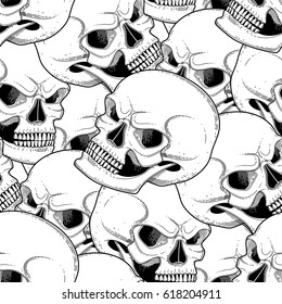 Graphic skull with fearful smile. Vector seamless pattern. Coloring book page design for adults