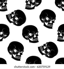 Graphic skull with fearful smile. Vector seamless pattern
