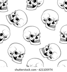 Graphic skull with fearful smile. Vector seamless pattern. Coloring book page design for adults