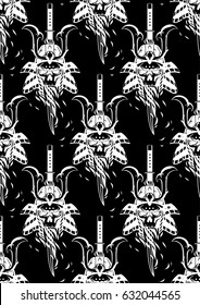 Graphic skull in traditional samurai helmet pierced with a sword. Vector seamless pattern