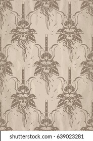 Graphic skull in traditional samurai helmet pierced with a sword. Vector seamless pattern