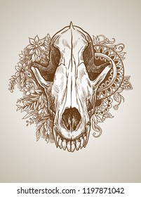 Graphic skull of a wolf in flowers with patterns