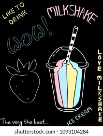 Graphic slogan and milkshake isolated on black background. Trendy hand drawn milkshake for web site, label, poster,placard, t shirt and banner. Creative art concept, vector illustration, eps 10