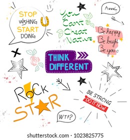 Graphic Slogan set isolated on white background.Trendy hand drawn typography for web site,poster,placard and t shirt print template.Creative kids painting art concept,vector illustration eps 10